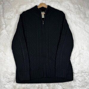 LL Bean Wool Blend Sweater Women's Large Black Cable Knit Fill Zip Fisherman Y2K